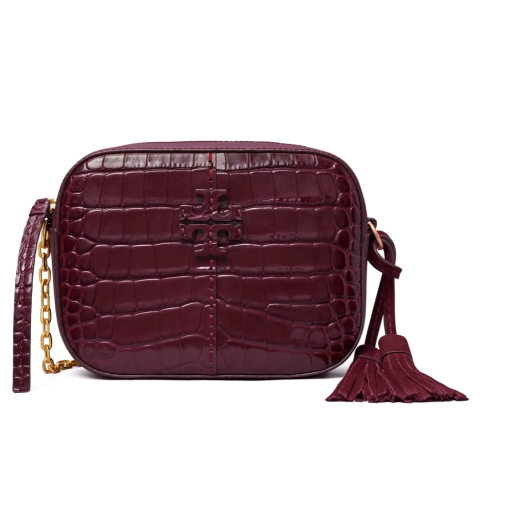 NWT $548 Tory Burch McGraw Embossed Leather Camera Bag in Beetle Berry!